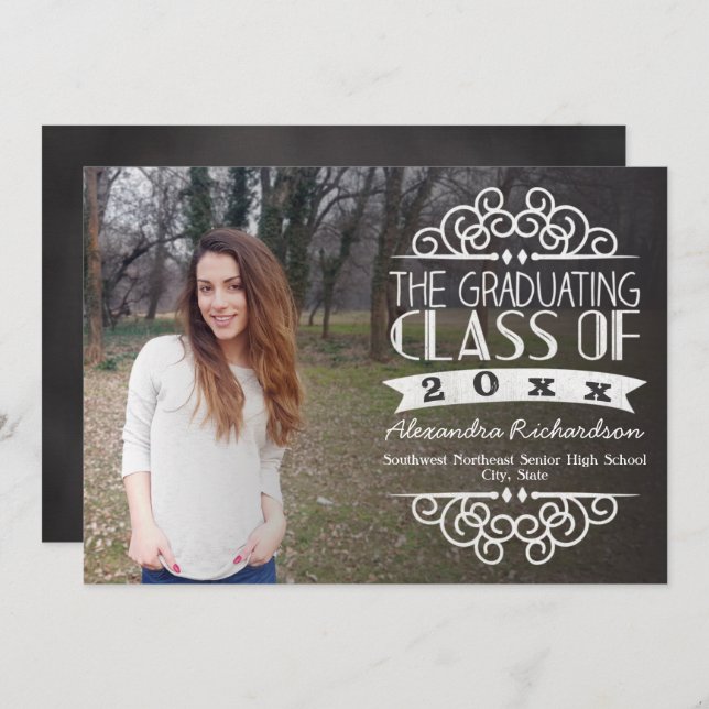 Vintage Chalkboard Overlay Photo Graduation Invitation (Front/Back)
