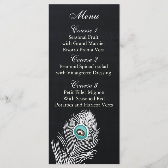 Vintage Chalkboard peacock wedding menu cards (Front)