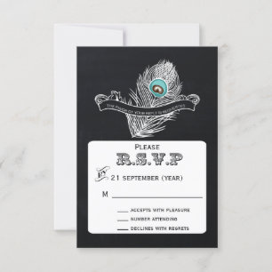 Vintage Chalkboard peacock wedding  rsvp 3.5 x 5 Card