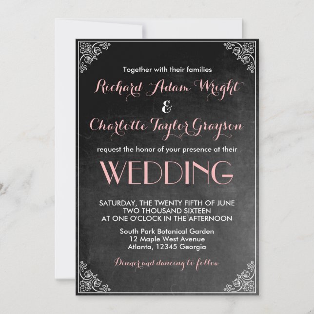 Vintage Chalkboard Pink Grey Wedding Invitation (Front)