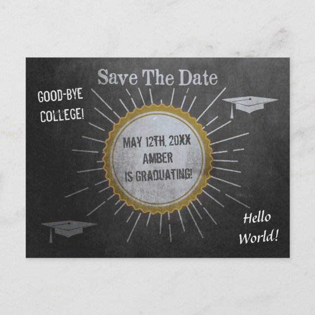 Vintage Chalkboard Star Burst Graduation Save Announcement Postcard (Front)