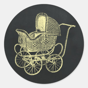 Vintage Chalkboard Yello Baby Carriage Baby Shower Classic Round Sticker
