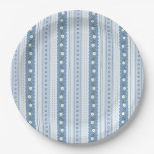 Vintage Chambray Blue Scallop Floral Stripe Paper Plate