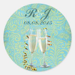 vintage champagne flutes teal gold damask wedding classic round sticker