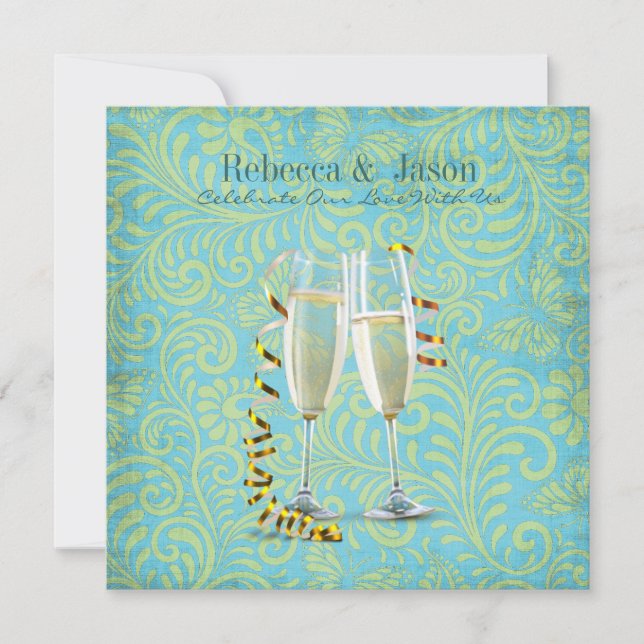 vintage champagne flutes teal gold damask wedding invitation (Front)