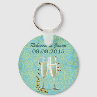 vintage champagne flutes teal gold damask wedding key ring