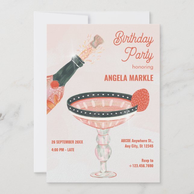 Vintage champagne glass and bottle birthday party invitation (Front)