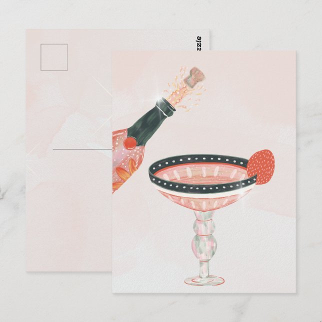 Vintage champagne glass and bottle birthday party postcard (Front/Back)