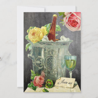 Vintage Champagne Roses Chalkboard Anniversary Invitation