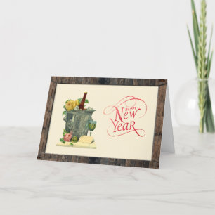Vintage Champagne Roses Happy New Year Holiday Card