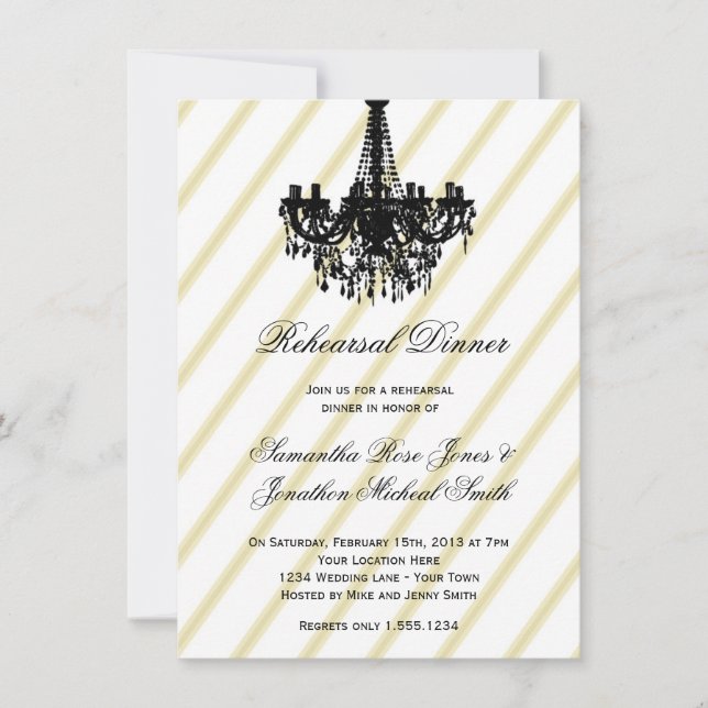 Vintage Chandelier Black and Gold Rehearsal Dinner Invitation (Front)