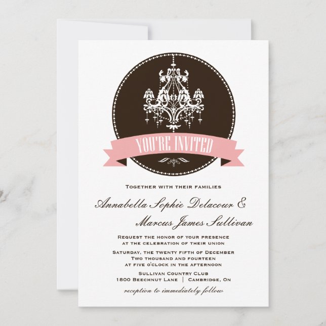 Vintage Chandelier Pink and Brown Wedding Invitati Invitation (Front)