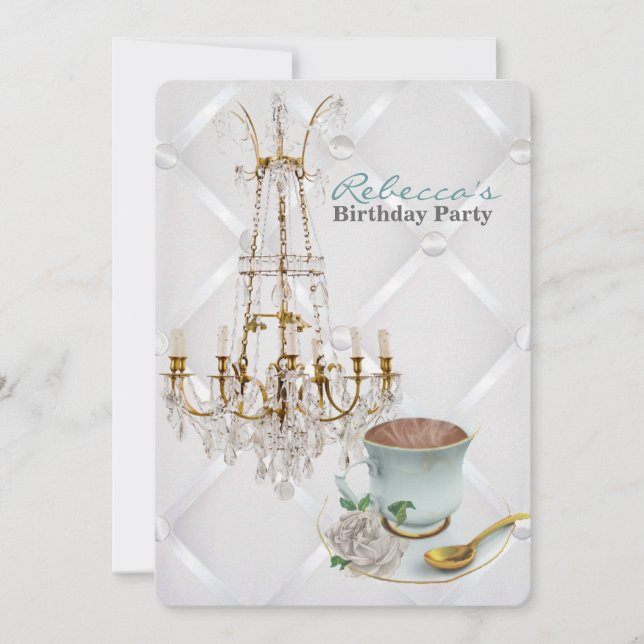 vintage chandelier tea cup paris birthday party invitation (Front)
