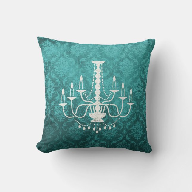 Vintage Chandelier Teal Damask Pillow (Front)