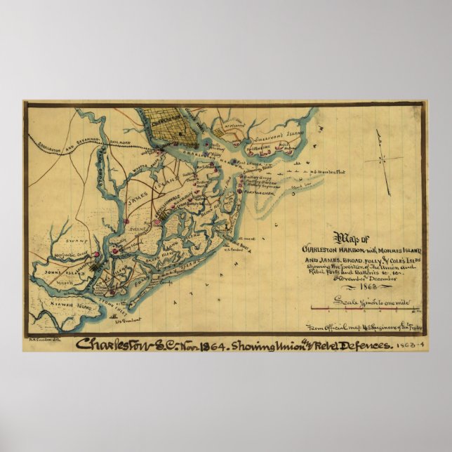 Vintage Charleston Harbour Battle Map (1865) Poster (Front)