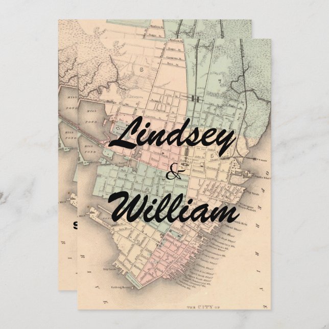 Vintage Charleston SC Map Wedding Invitation (Front/Back)