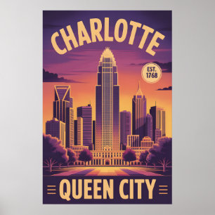 Vintage Charlotte North Carolina Queen City Retro  Poster