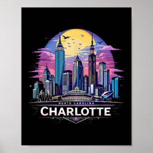 Vintage Charlotte North Carolina Sunset Skyline Ci Poster