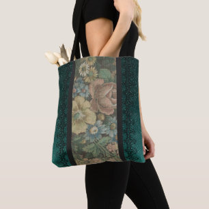 Vintage Charm: Floral Burlap with Teal Elegance Tote Bag