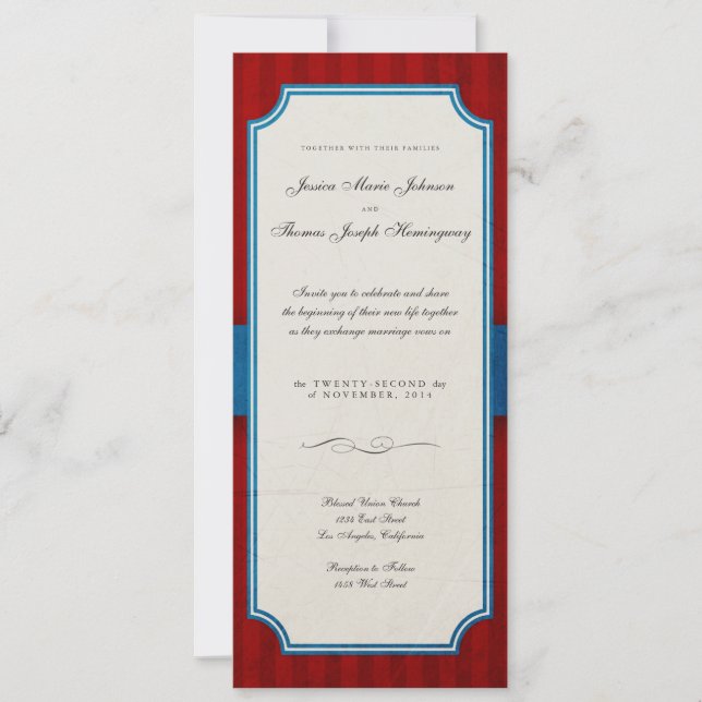 Vintage Charm Red & Blue Monogram Wedding Invitation (Front)