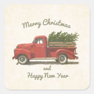 Vintage Charm: Red Truck Carrying Christmas Tree Square Sticker