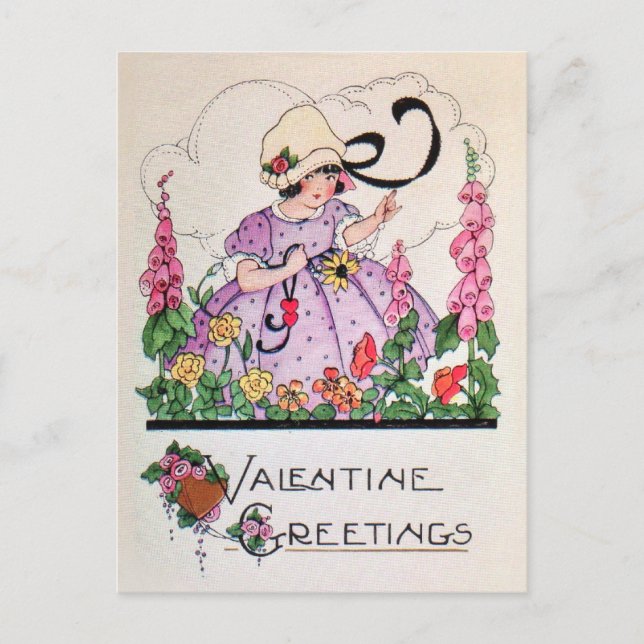 Vintage charming girl garden valentine card (Front)