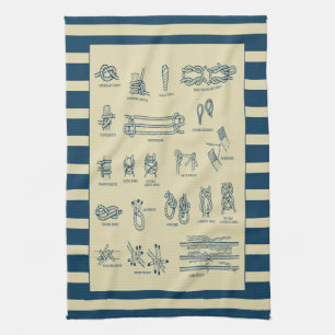 Vintage chart of nautical knots with stripes tea towel