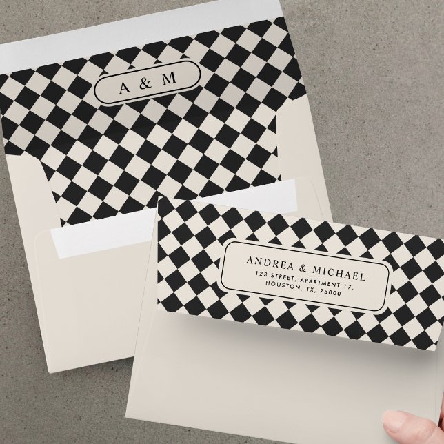 Vintage Check Checkered Monogram Wedding Envelope (Creator Uploaded)