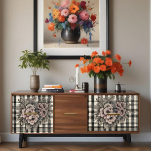 Vintage Check with Blush Blooms Decoupage Print Tissue Paper