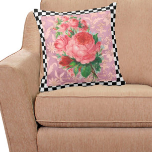 Vintage Checkerboard and Pink Roses Cushion