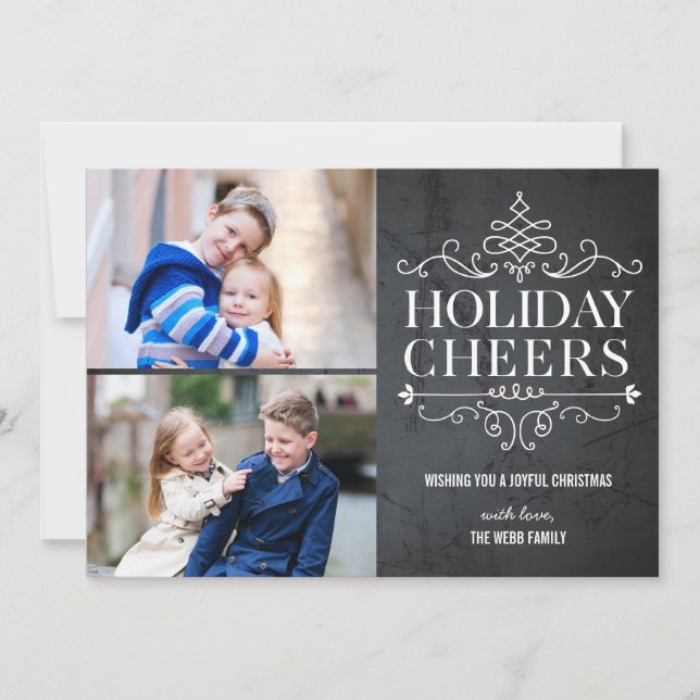 Vintage Cheers 2 Photos Holiday Photo Cards (Front)