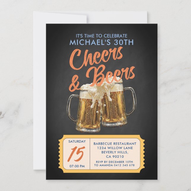 Vintage Cheers & Beers Adult 40th Birthday Party Invitation (Front)