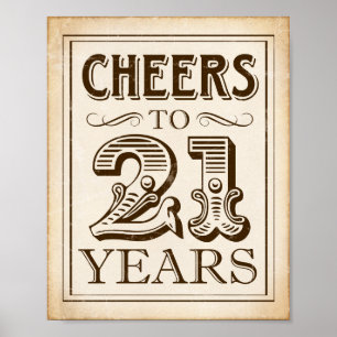 Vintage CHEERS TO 21 YEARS Sign Print
