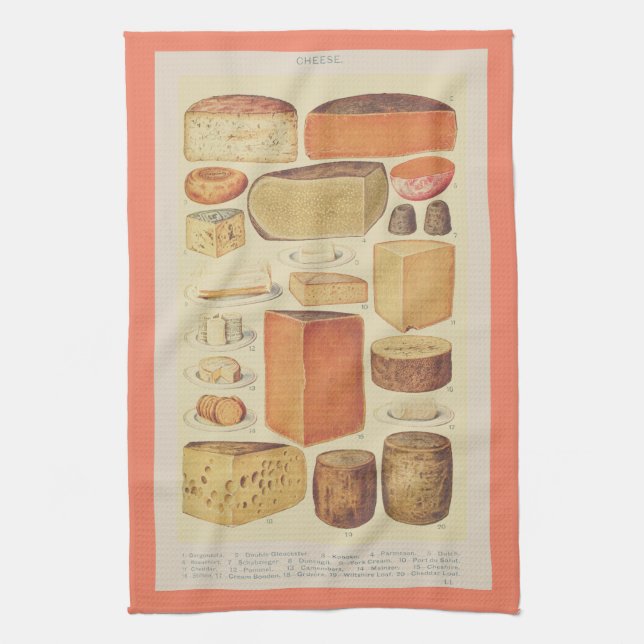 Vintage cheese chart illustration cheese menu tea towel (Vertical)