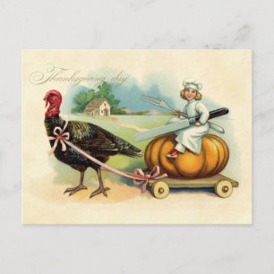 Vintage Chef Riding on Giant Pumpkin Thanksgiving Postcard