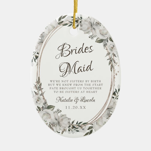 Vintage Cherish Floral To the Bridesmaid Quote Ceramic Tree Decoration (Front)