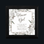 Vintage Cherish Flower Girl Quote Personalised Gift Box<br><div class="desc">Vintage Cherish White Floral & Rose Gold Painted Roses and Flowers. A Vintage Classic and Elegant Look, and Plenty of Grey, Ivory White, Rose Gold, Dusty Pink, Pine Green, and Grey leaves and foliage. With Hand Painted Floral elements, Vintage Classic Script Fonts, and Elegant Rose Gold Glitter Foil Geometric Square...</div>