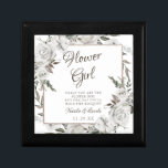 Vintage Cherish Flower Girl Quote Personalised Gift Box<br><div class="desc">Vintage Cherish White Floral & Rose Gold Painted Roses and Flowers. A Vintage Classic and Elegant Look, and Plenty of Grey, Ivory White, Rose Gold, Dusty Pink, Pine Green, and Grey leaves and foliage. With Hand Painted Floral elements, Vintage Classic Script Fonts, and Elegant Rose Gold Glitter Foil Geometric Square...</div>