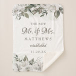 Vintage Cherish Rose The New Mr. & Mrs. Newlyweds Sherpa Blanket<br><div class="desc">Vintage Cherish White Floral & Rose Gold Painted Roses and Flowers. A Vintage Classic and Elegant Look, and Plenty of Grey, Ivory White, Rose Gold, Dusty Pink, Pine Green, and Grey leaves and foliage. With Hand Painted Floral elements, Vintage Classic Script Fonts and Classy Peony and Rose Borders - The...</div>