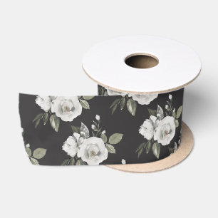 Vintage Cherish White Floral On Black Wedding Satin Ribbon