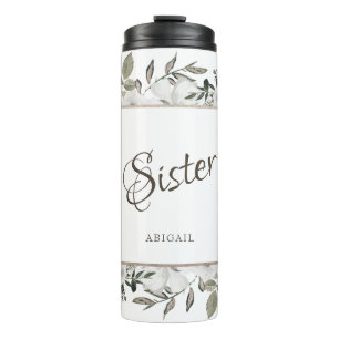 Vintage Cherish White Floral Personalised Sister Thermal Tumbler