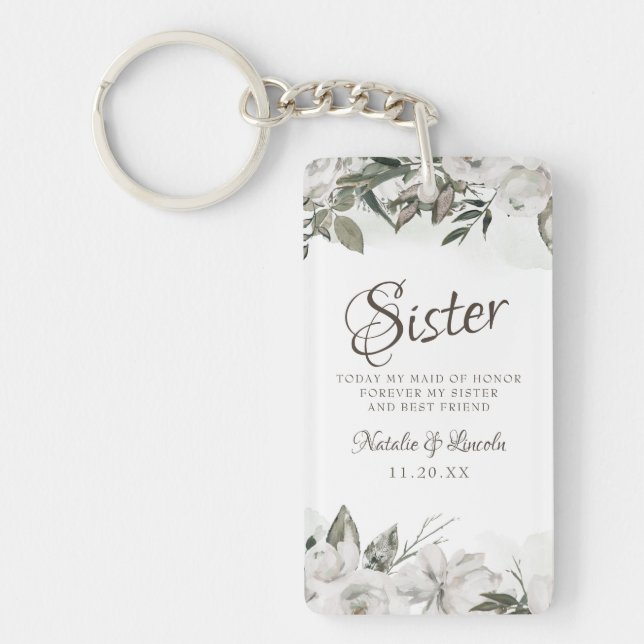 Vintage Cherish White Floral To the Sister Quote Key Ring (Front)