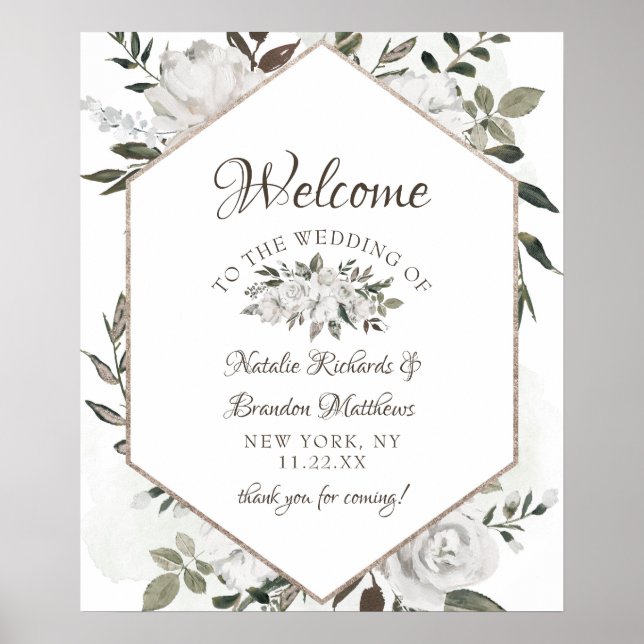 Vintage Cherish White Floral Wedding Welcome Sign (Front)