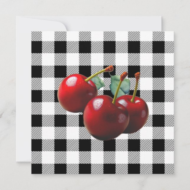 Vintage Cherries black white gingham Invitation (Front)