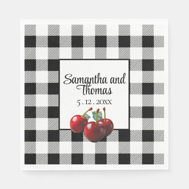 Vintage Cherries black white gingham Napkin (Front)