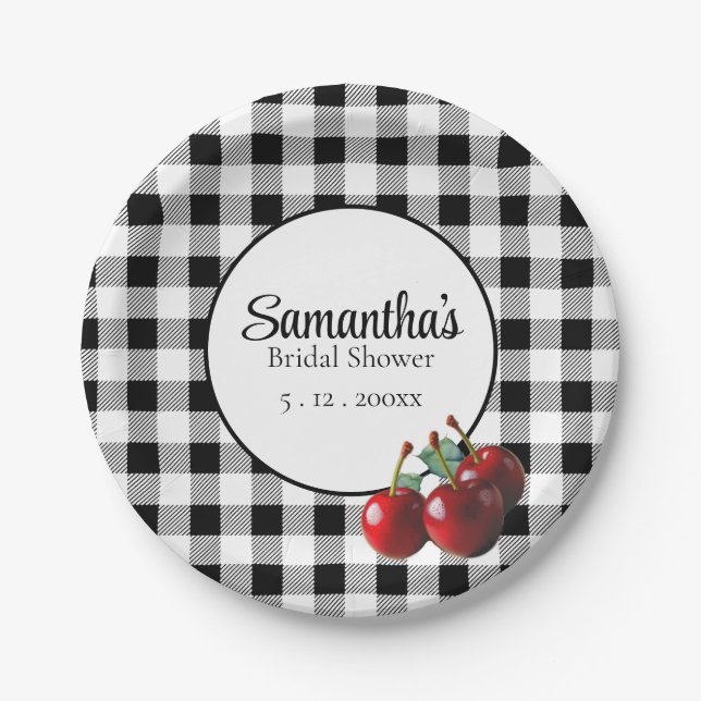 Vintage Cherries black white gingham Paper Plate (Front)