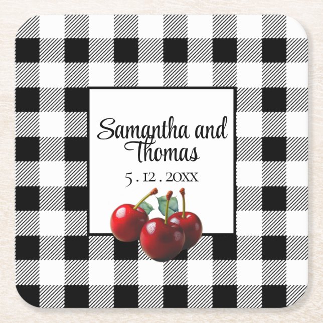 Vintage Cherries black white gingham Square Paper Coaster (Front)