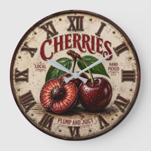 Vintage Cherries Rustic Farm Fresh Fruit Market Large Clock