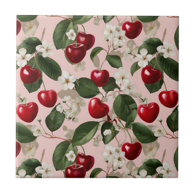 Vintage Cherry Blossom Botanical Pink Garden Tile (Front)