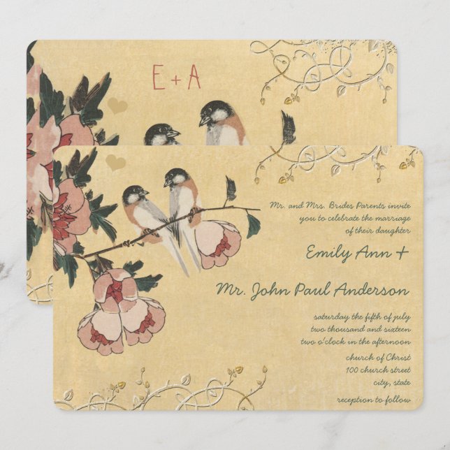 Vintage Cherry Blossom Chickadee  Damask Wedding Invitation (Front/Back)